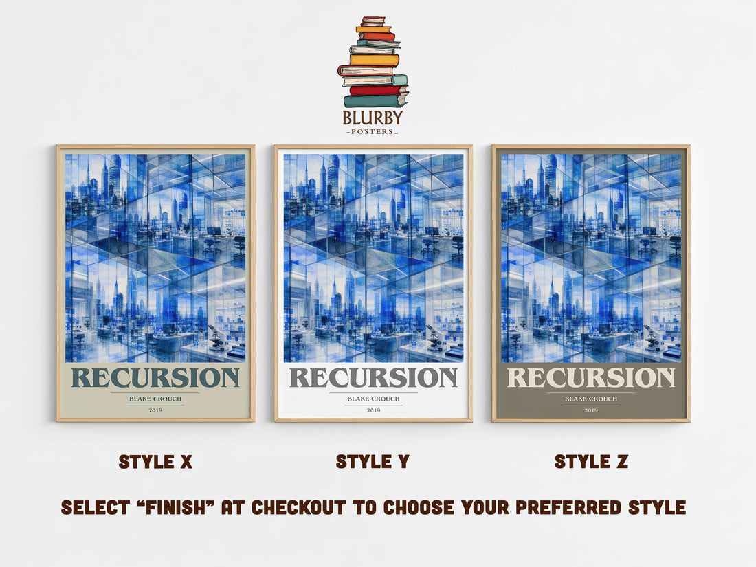 Recursion book cover print in frame leaning in hallway – sci fi wall art (mockup)