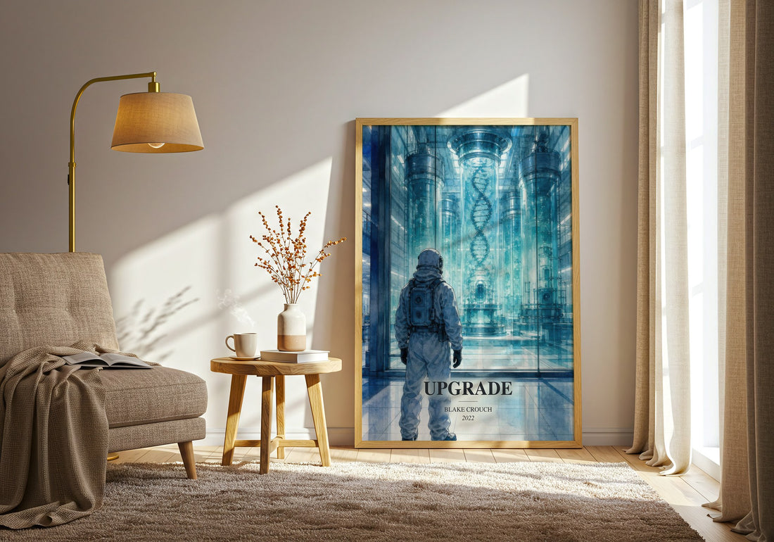 Upgrade watercolour print in frame leaning in hallway – sci fi wall art (mockup)