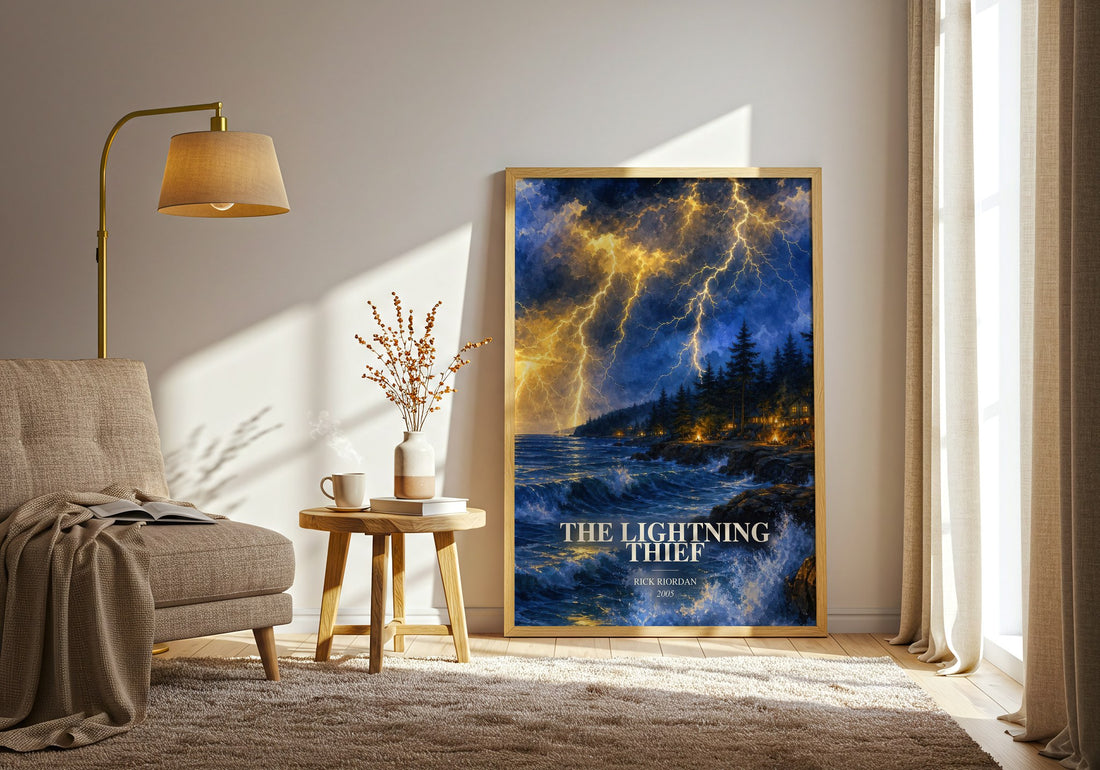 The Lightning Thief watercolour print in frame leaning in hallway – fantasy wall art (mockup)