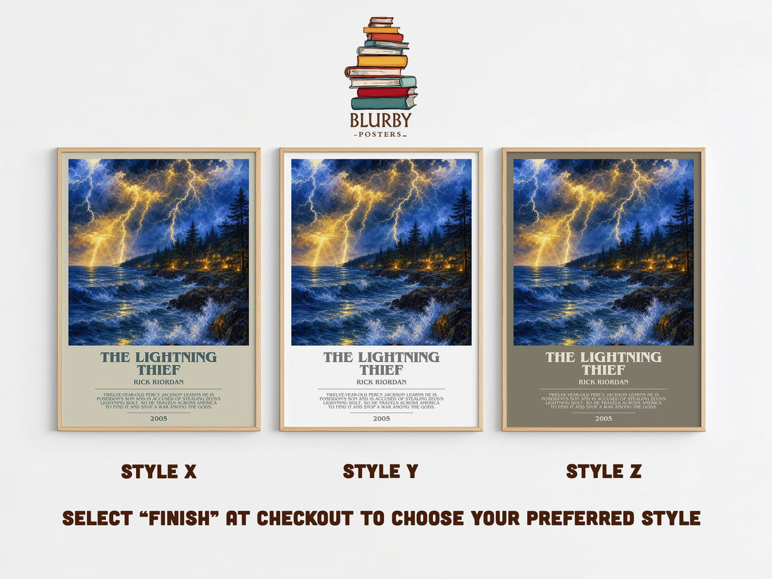 The Lightning Thief bookish print in frame leaning in hallway – fantasy wall art (mockup)
