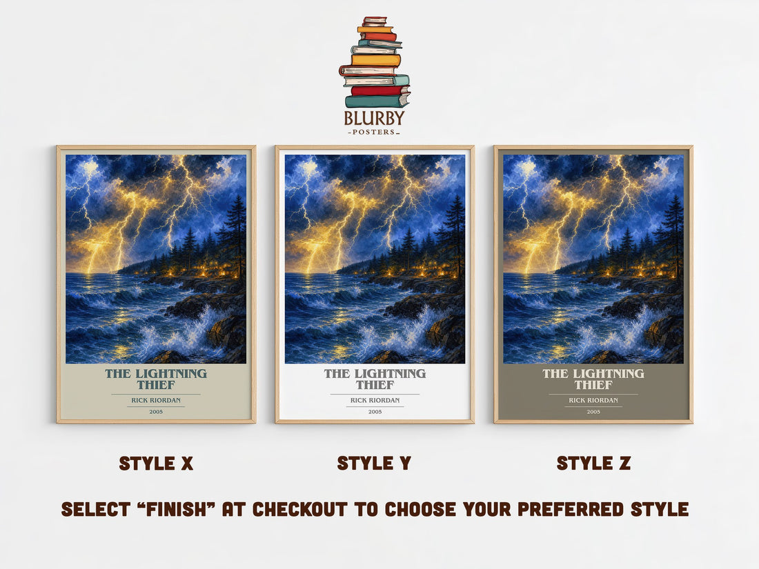 The Lightning Thief book cover print in frame leaning in hallway – fantasy wall art (mockup)