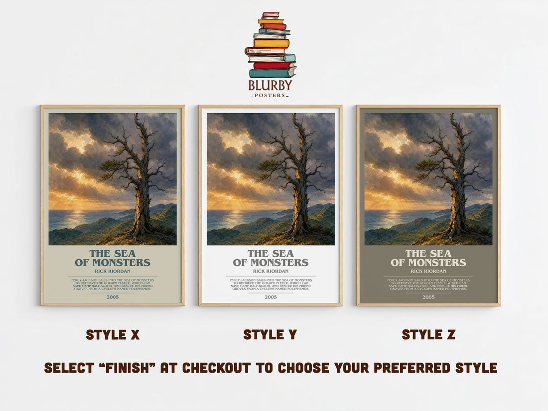 The Sea of Monsters bookish print in frame leaning in hallway – young adult wall art (mockup)