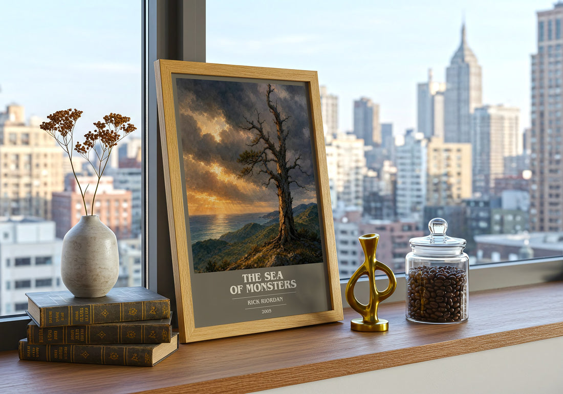 The Sea of Monsters book cover print framed by window – literary home decor