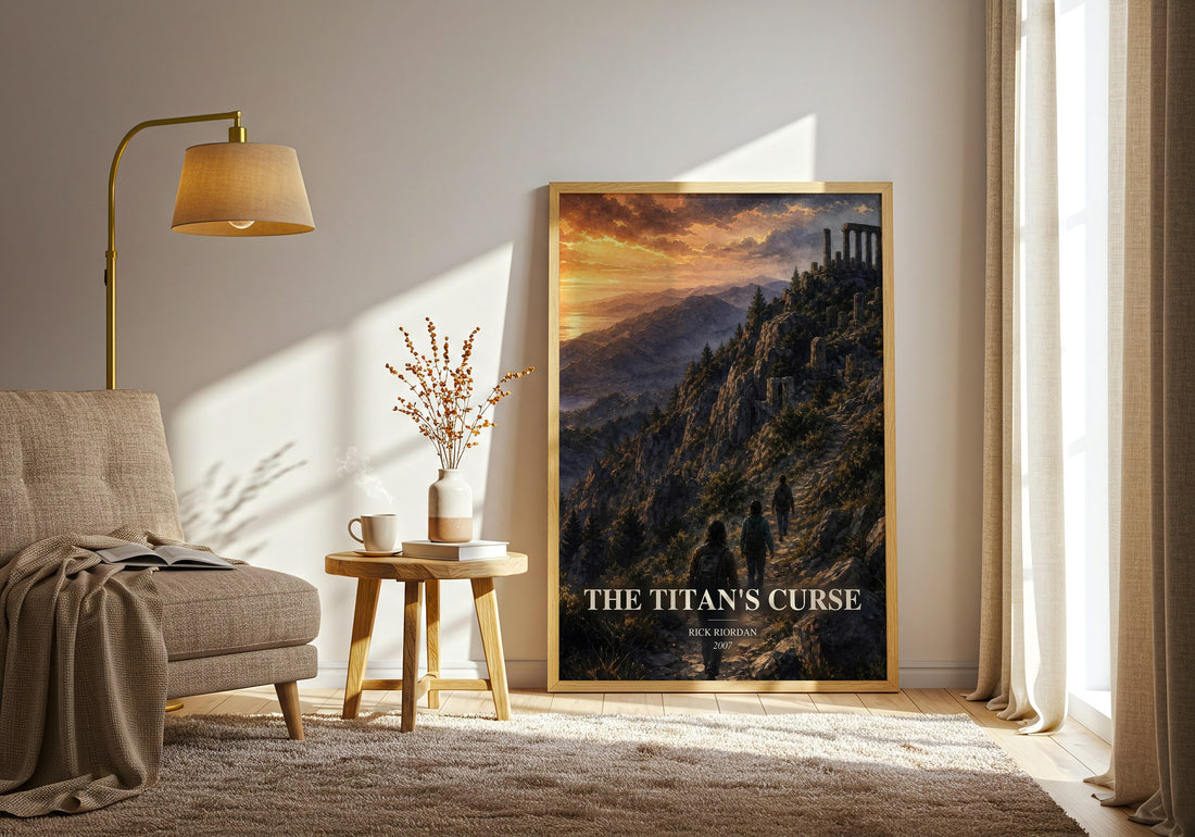 The Titan's Curse watercolour print in frame leaning in hallway – fantasy wall art (mockup)