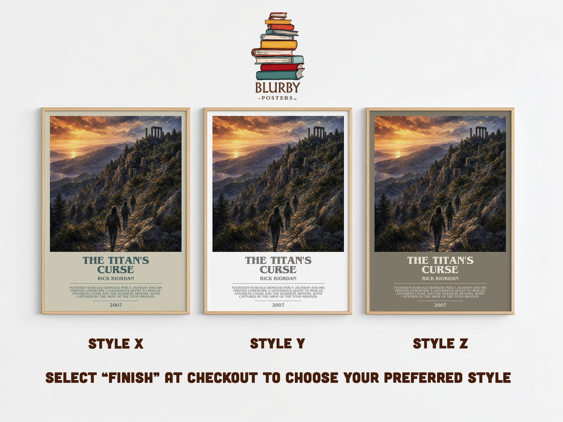 The Titan's Curse bookish print in frame leaning in hallway – fantasy wall art (mockup)