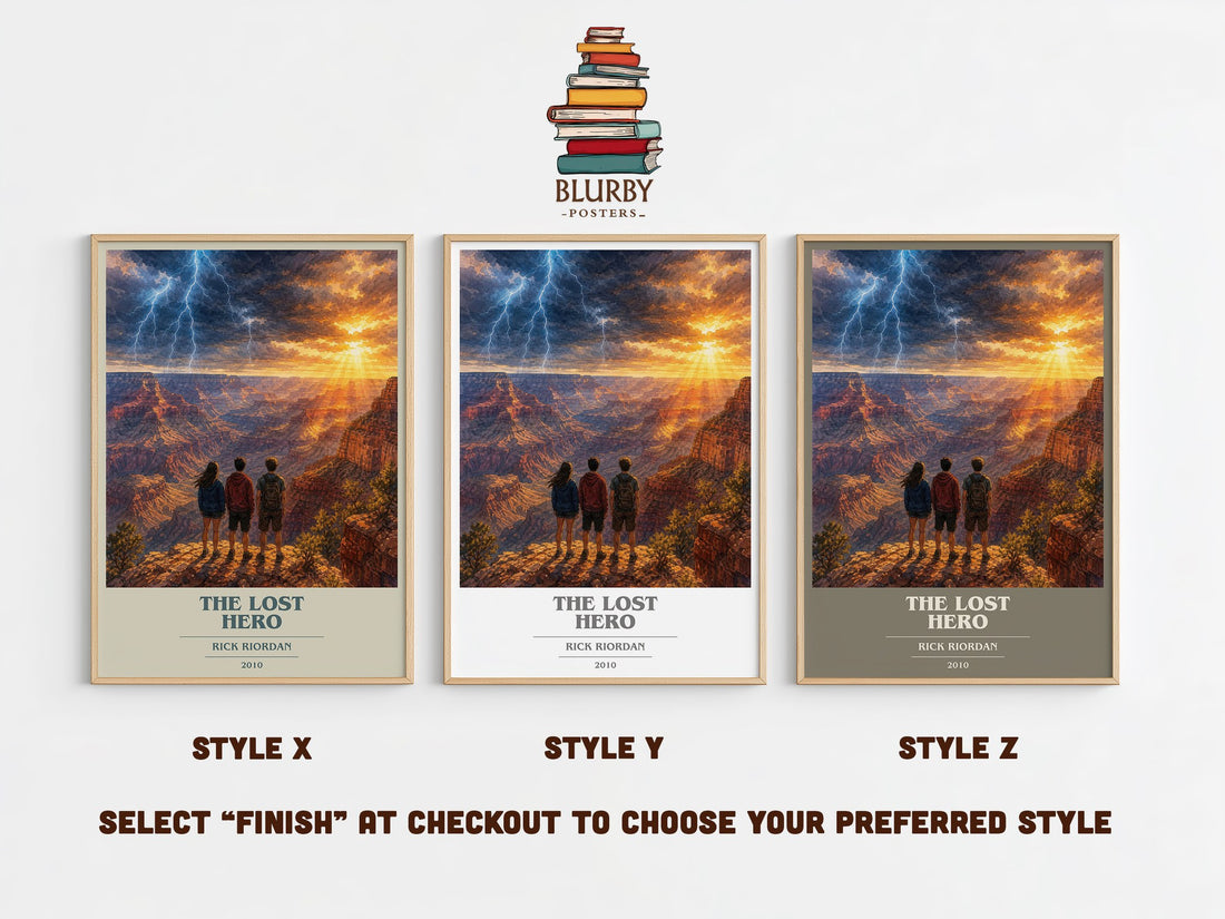 The Lost Hero book cover print in frame leaning in hallway – young adult wall art (mockup)