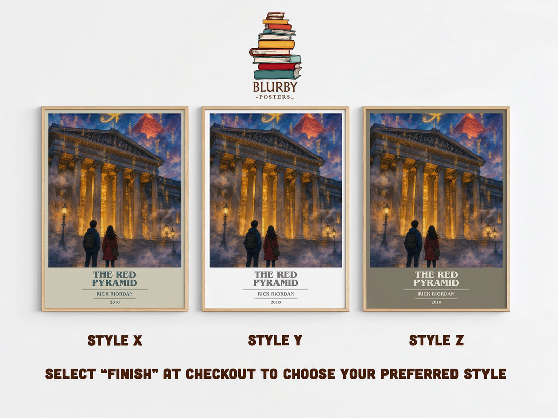 The Red Pyramid book cover print in frame leaning in hallway – fantasy wall art (mockup)