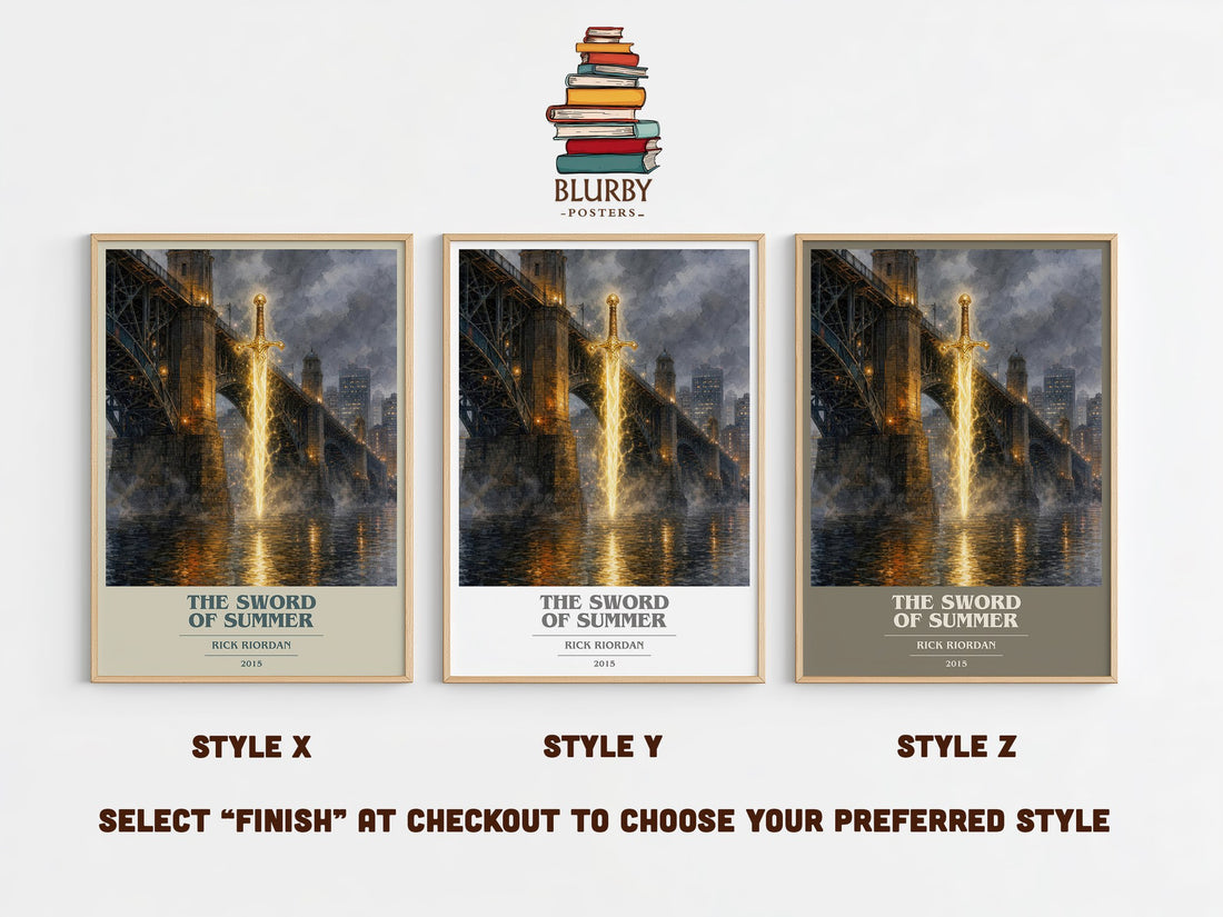 The Sword of Summer book cover print in frame leaning in hallway – fantasy wall art (mockup)