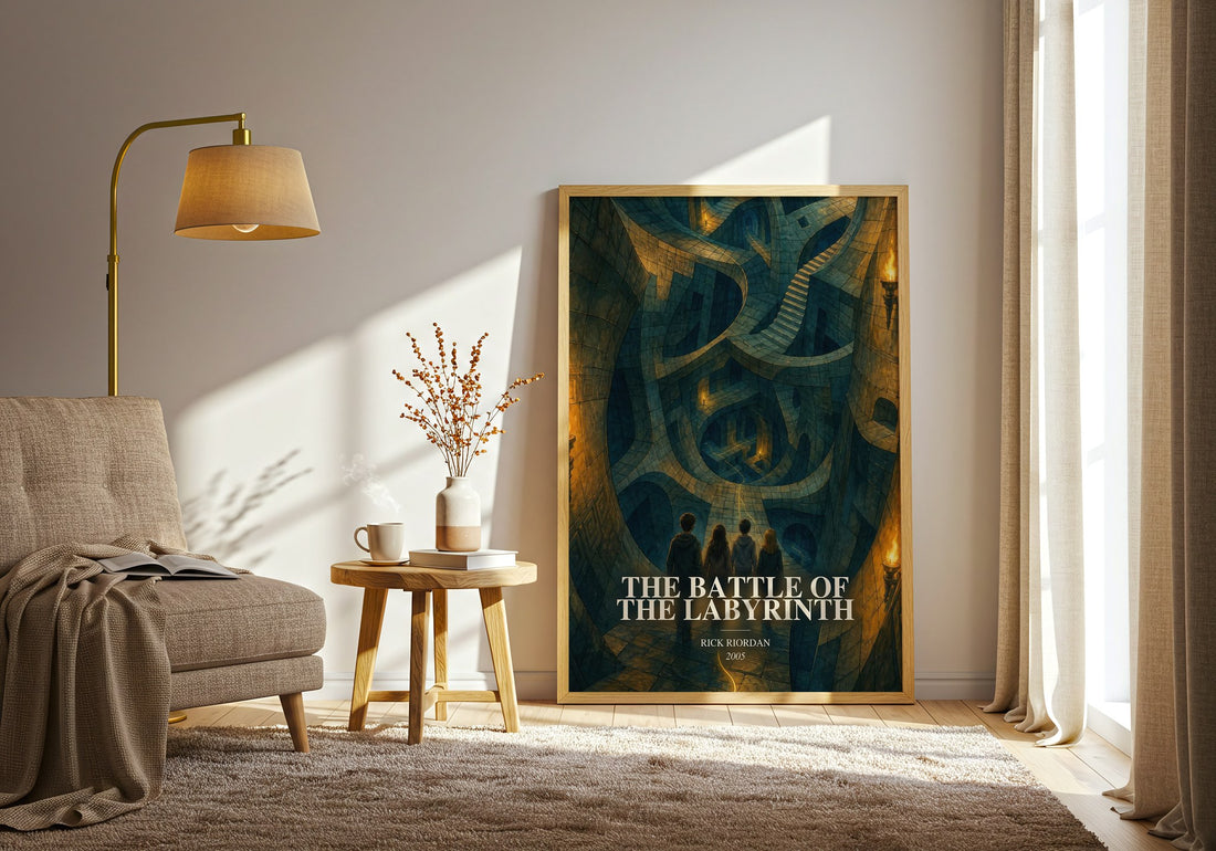 The Battle of the Labyrinth watercolour print in frame leaning in hallway – young adult wall art (mockup)