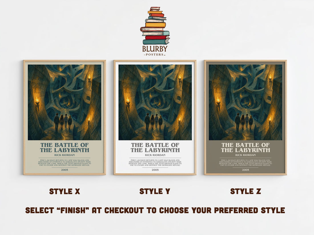 The Battle of the Labyrinth bookish print in frame leaning in hallway – young adult wall art (mockup)