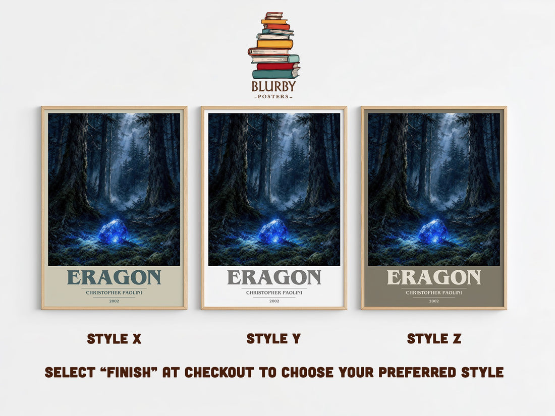 Eragon book cover print in frame leaning in hallway – fantasy wall art (mockup)