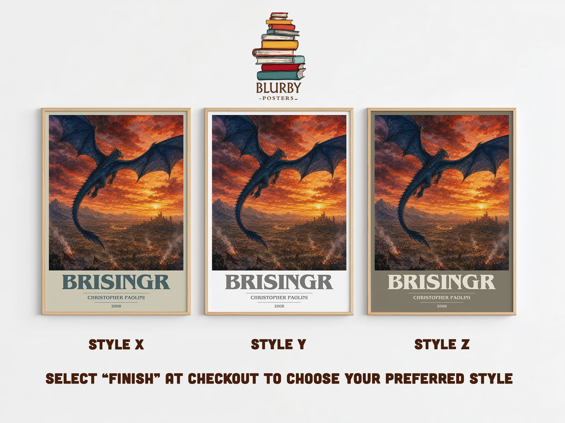 Brisingr book cover print in frame leaning in hallway – fantasy wall art (mockup)