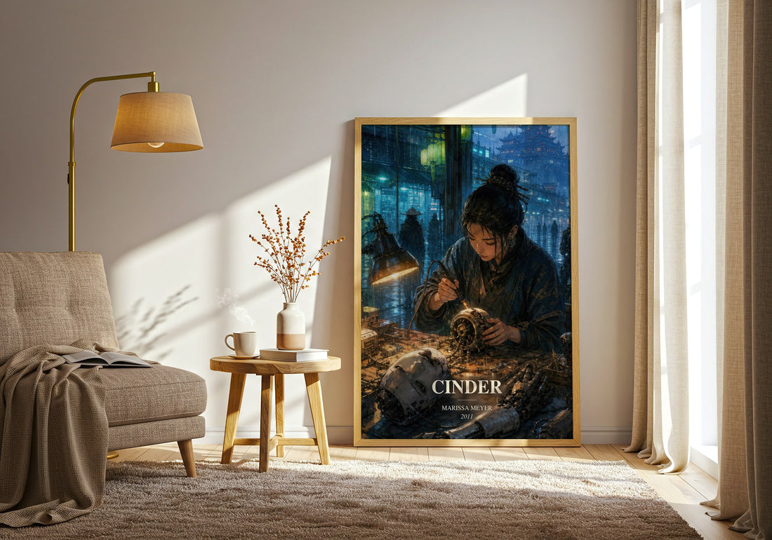 Cinder watercolour print in frame leaning in hallway – sci fi wall art (mockup)