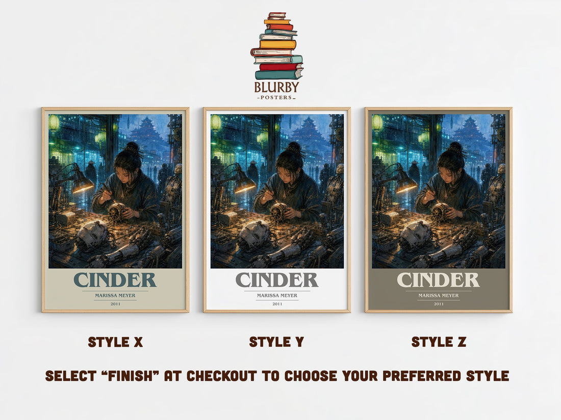 Cinder book cover print in frame leaning in hallway – sci fi wall art (mockup)