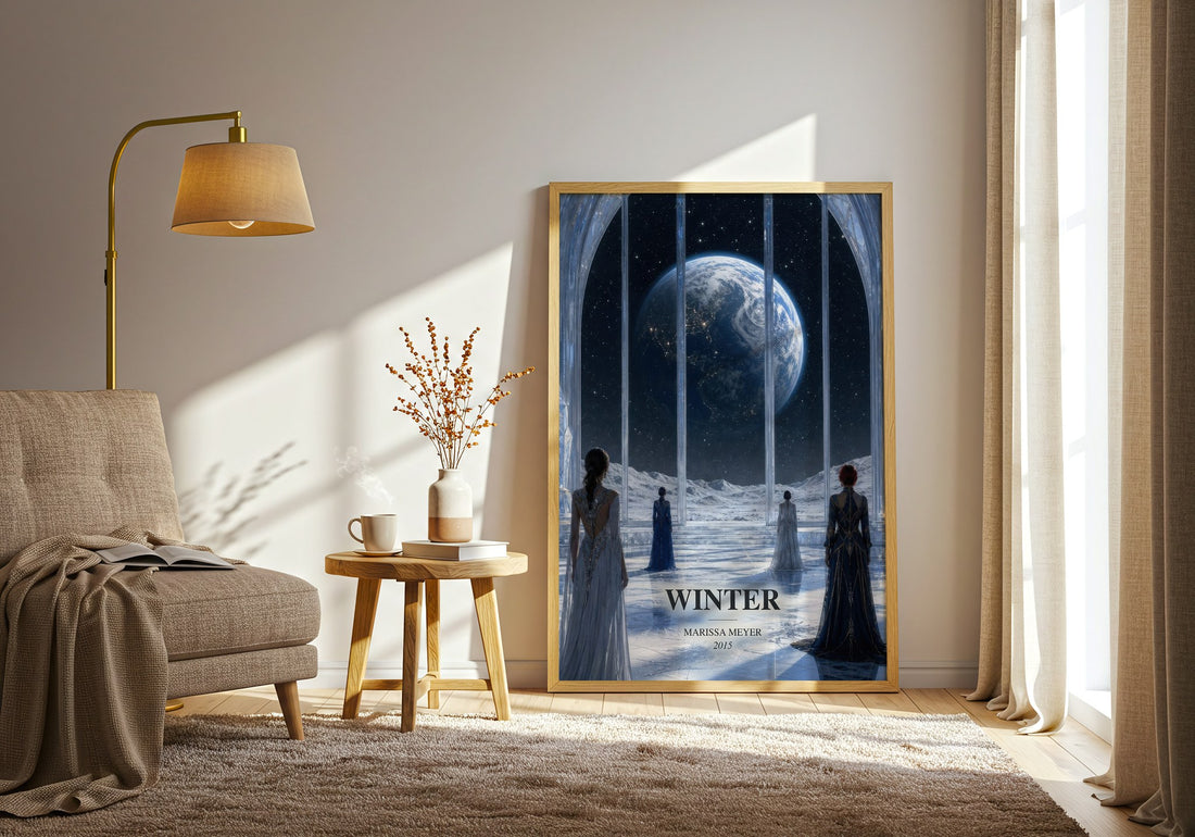 Winter watercolour print in frame leaning in hallway – young adult wall art (mockup)