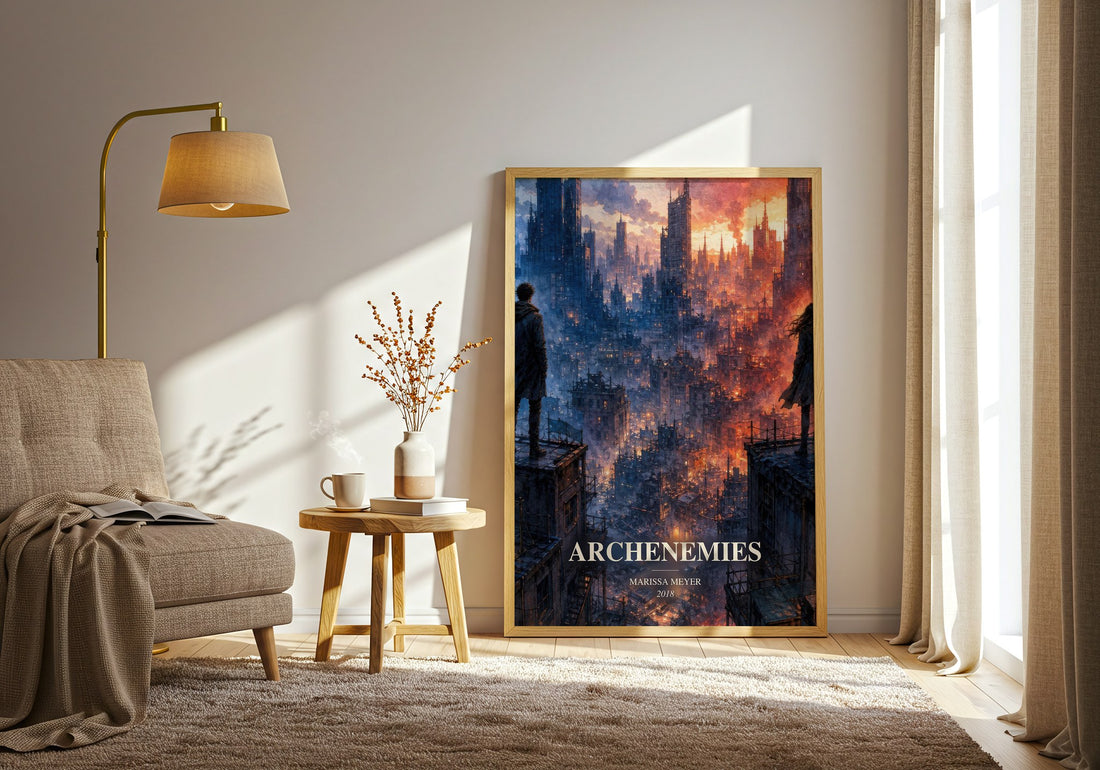 Archenemies watercolour print in frame leaning in hallway – young adult wall art (mockup)