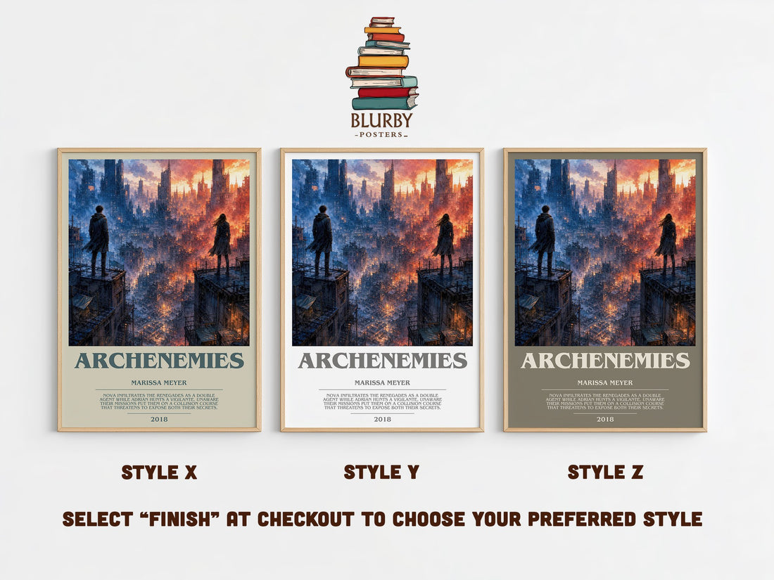 Archenemies bookish print in frame leaning in hallway – young adult wall art (mockup)