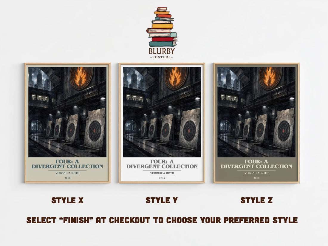 Four: A Divergent Collection book cover print in frame leaning in hallway – young adult wall art (mockup)