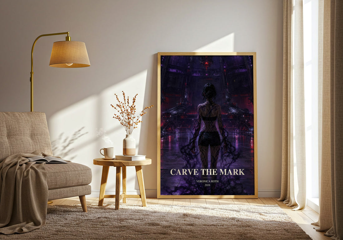 Carve the Mark watercolour print in frame leaning in hallway – sci fi wall art (mockup)