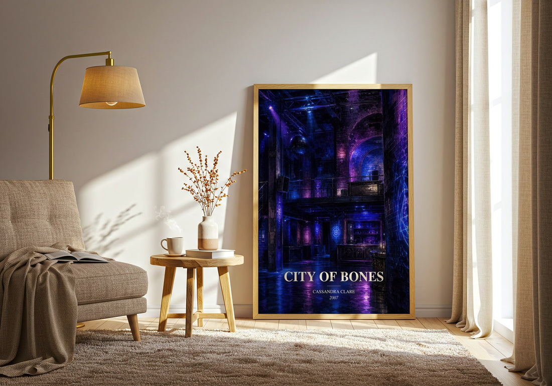 City of Bones watercolour print in frame leaning in hallway – young adult wall art (mockup)