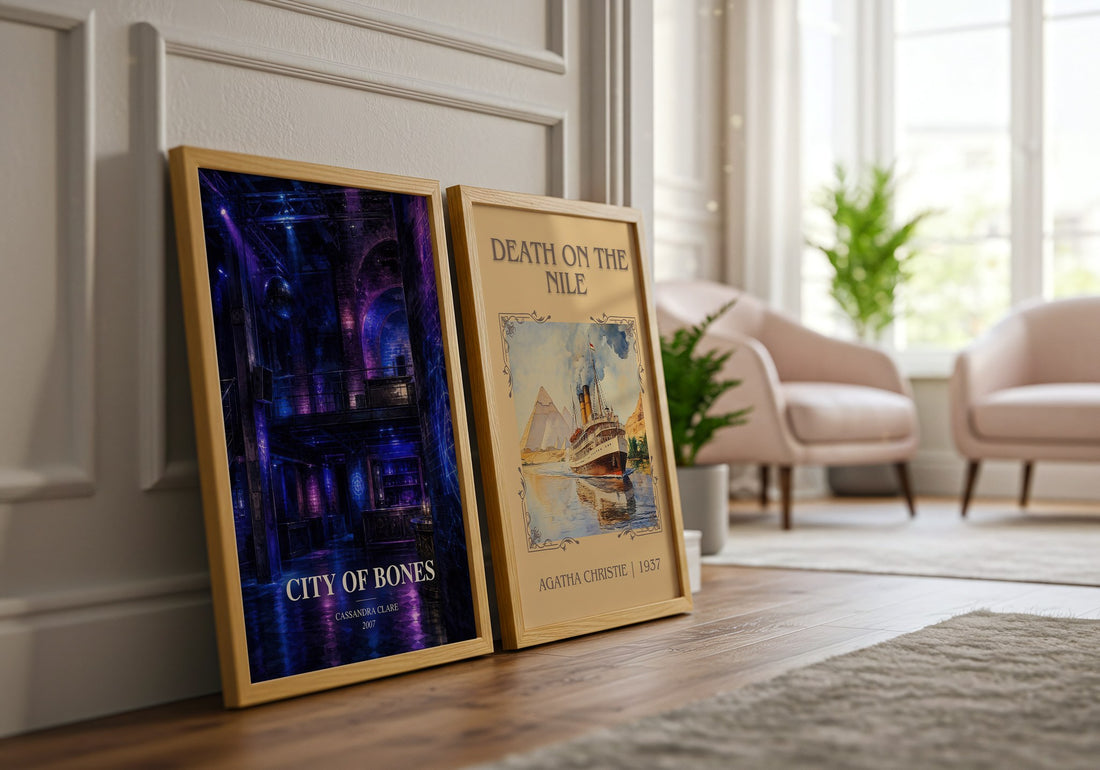 City of Bones watercolour print framed by window – literary home decor
