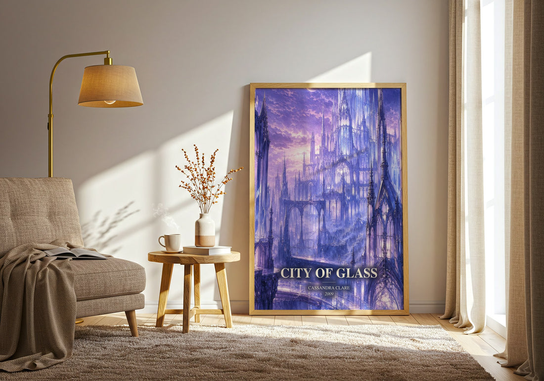 City of Glass watercolour print in frame leaning in hallway – young adult wall art (mockup)