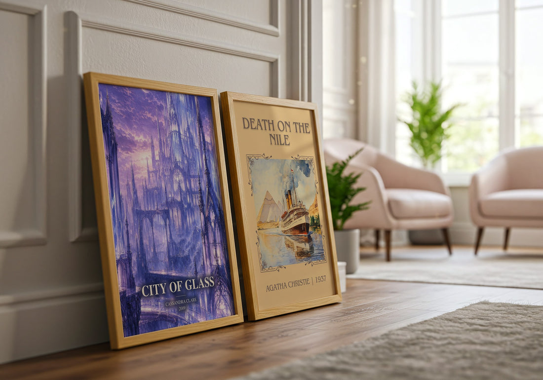 City of Glass watercolour print framed by window – literary home decor