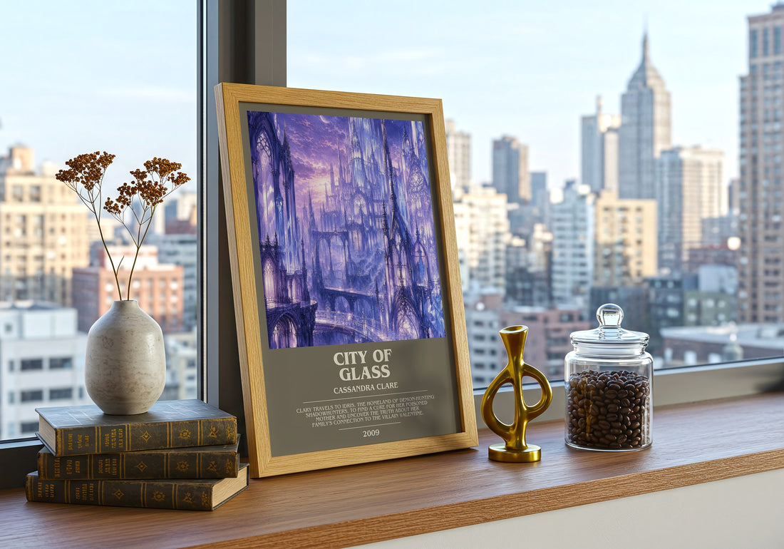 City of Glass Bookish Wall Art by Cassandra Clare – framed print on a city-view windowsill