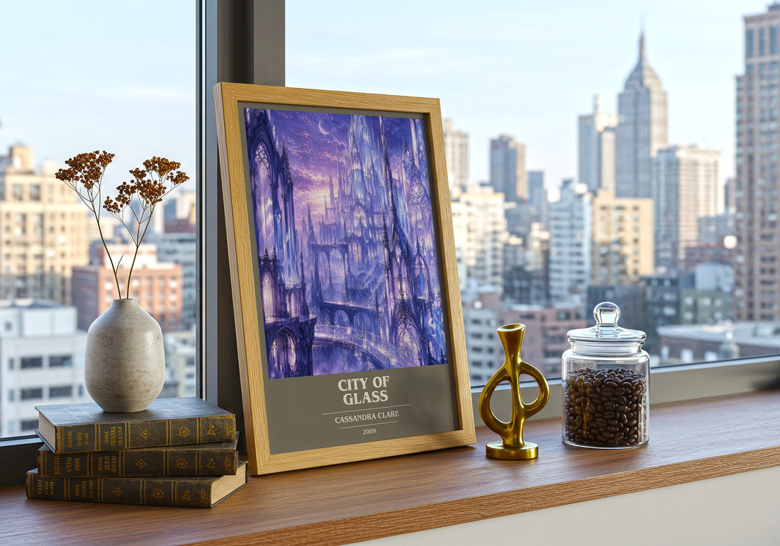 City of Glass book cover print framed by window – literary home decor