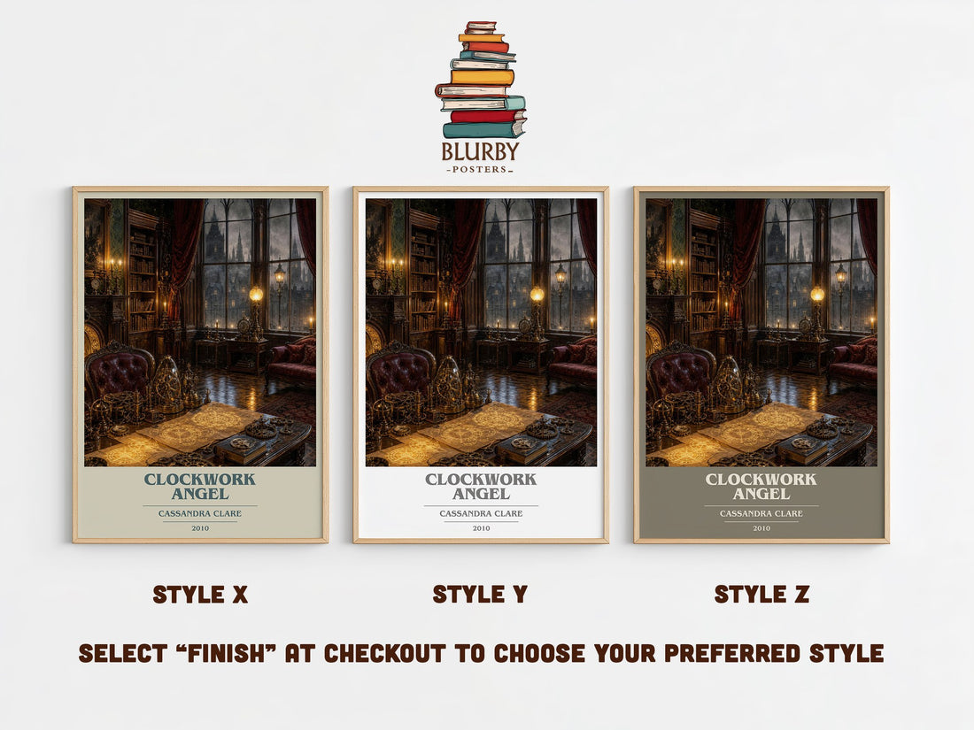 Clockwork Angel book cover print in frame leaning in hallway – fantasy wall art (mockup)