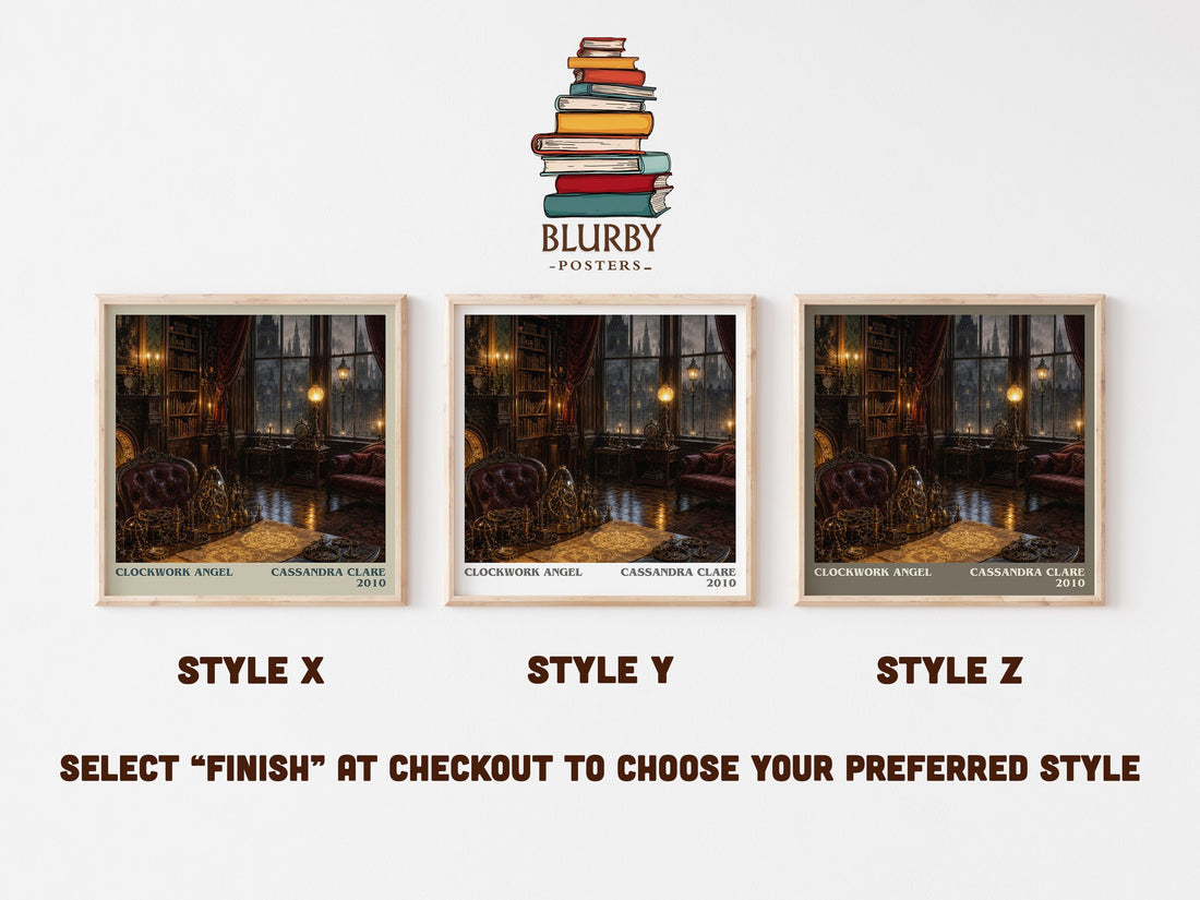 Clockwork Angel literary print in frame leaning in hallway – fantasy wall art (mockup)
