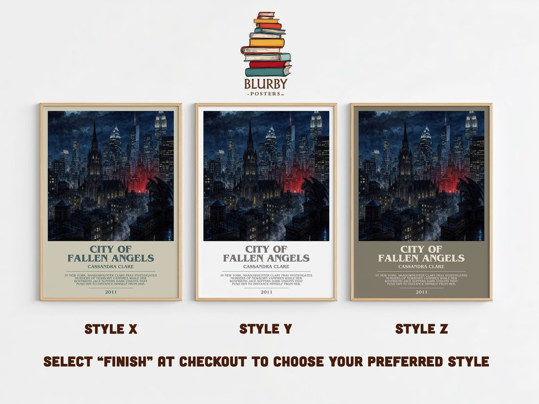 City of Fallen Angels bookish print in frame leaning in hallway – young adult wall art (mockup)