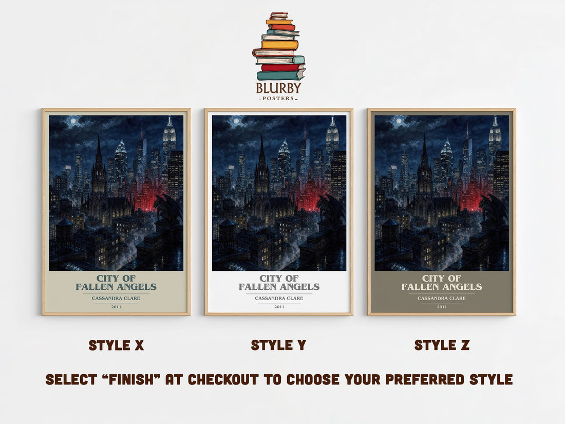 City of Fallen Angels book cover print in frame leaning in hallway – young adult wall art (mockup)