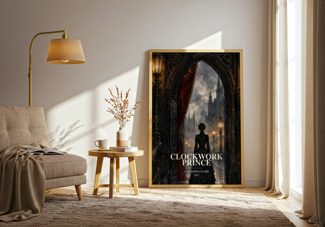 Clockwork Prince watercolour print in frame leaning in hallway – fantasy wall art (mockup)