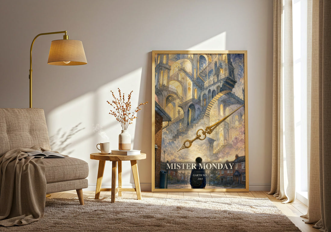Mister Monday watercolour print in frame leaning in hallway – fantasy wall art (mockup)