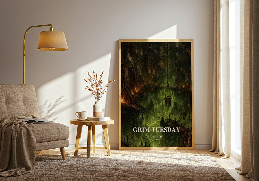 Grim Tuesday watercolour print in frame leaning in hallway – fantasy wall art (mockup)