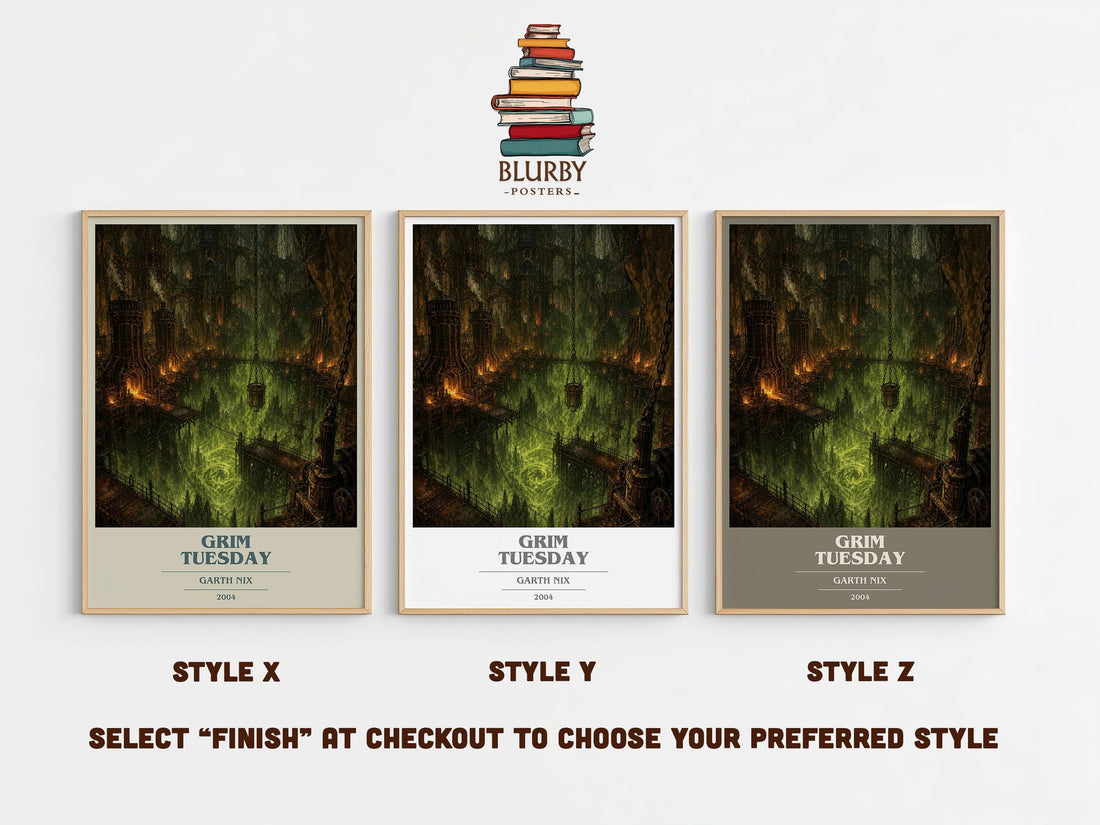 Grim Tuesday book cover print in frame leaning in hallway – fantasy wall art (mockup)