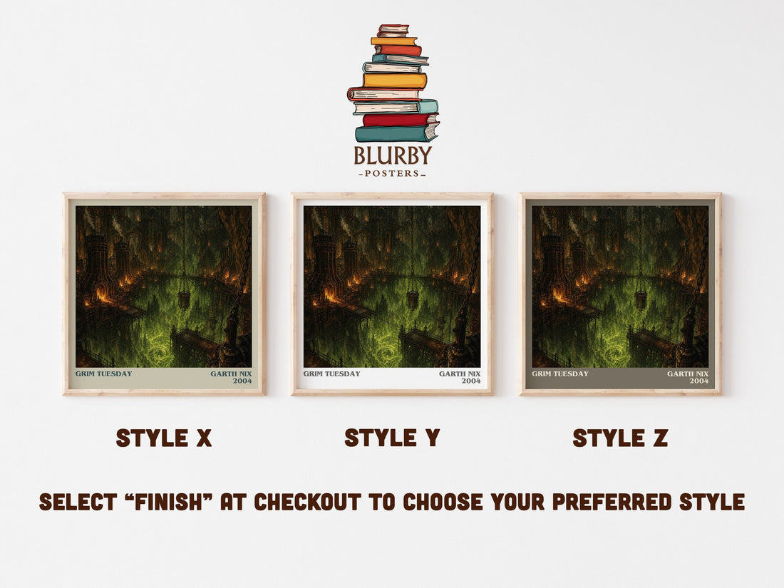 Grim Tuesday literary print in frame leaning in hallway – fantasy wall art (mockup)
