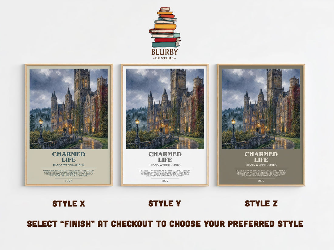 Charmed Life bookish print in frame leaning in hallway – fantasy wall art (mockup)