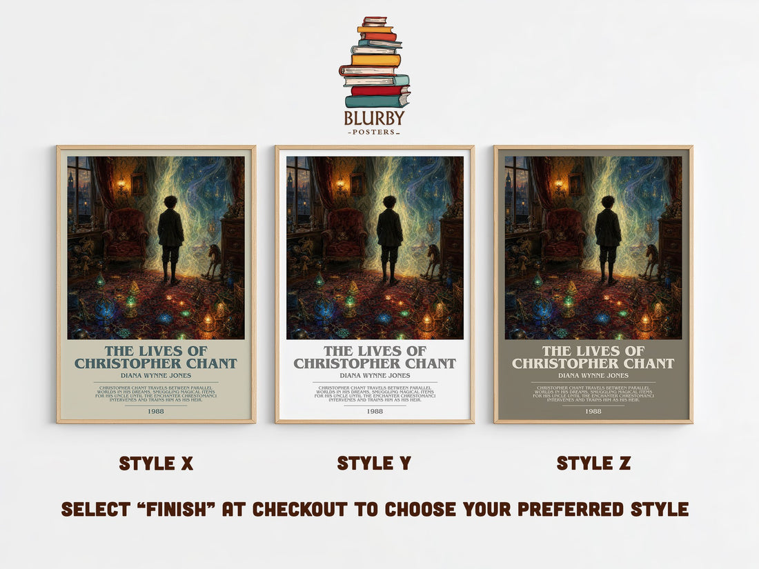The Lives of Christopher Chant bookish print in frame leaning in hallway – childrens wall art (mockup)
