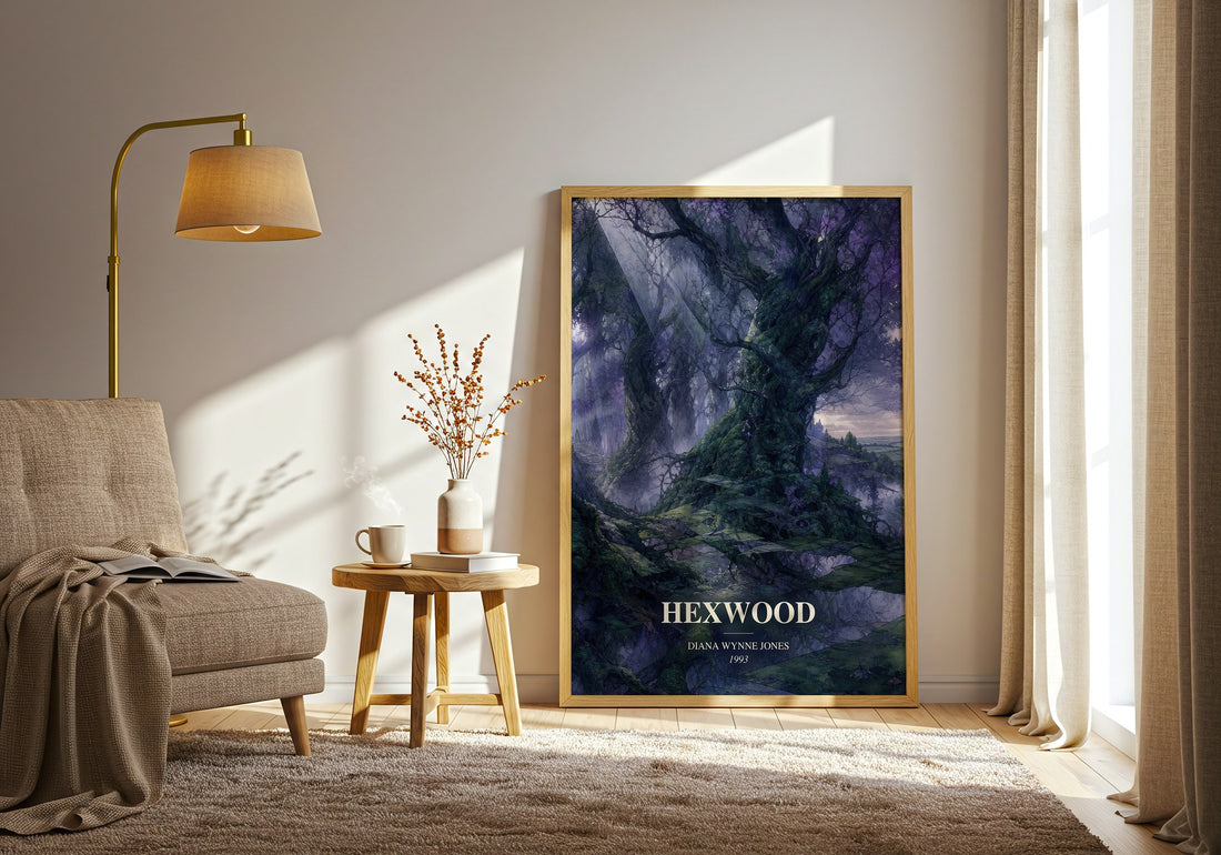 Hexwood watercolour print in frame leaning in hallway – fantasy wall art (mockup)