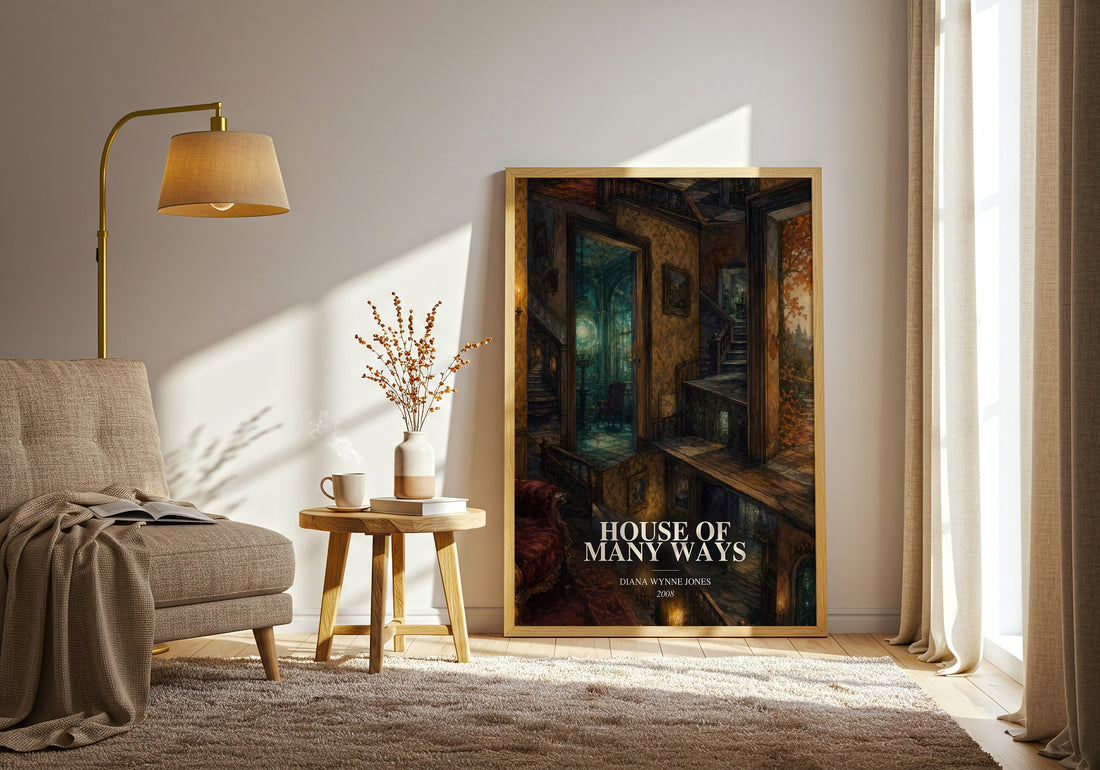 House of Many Ways watercolour print in frame leaning in hallway – fantasy wall art (mockup)