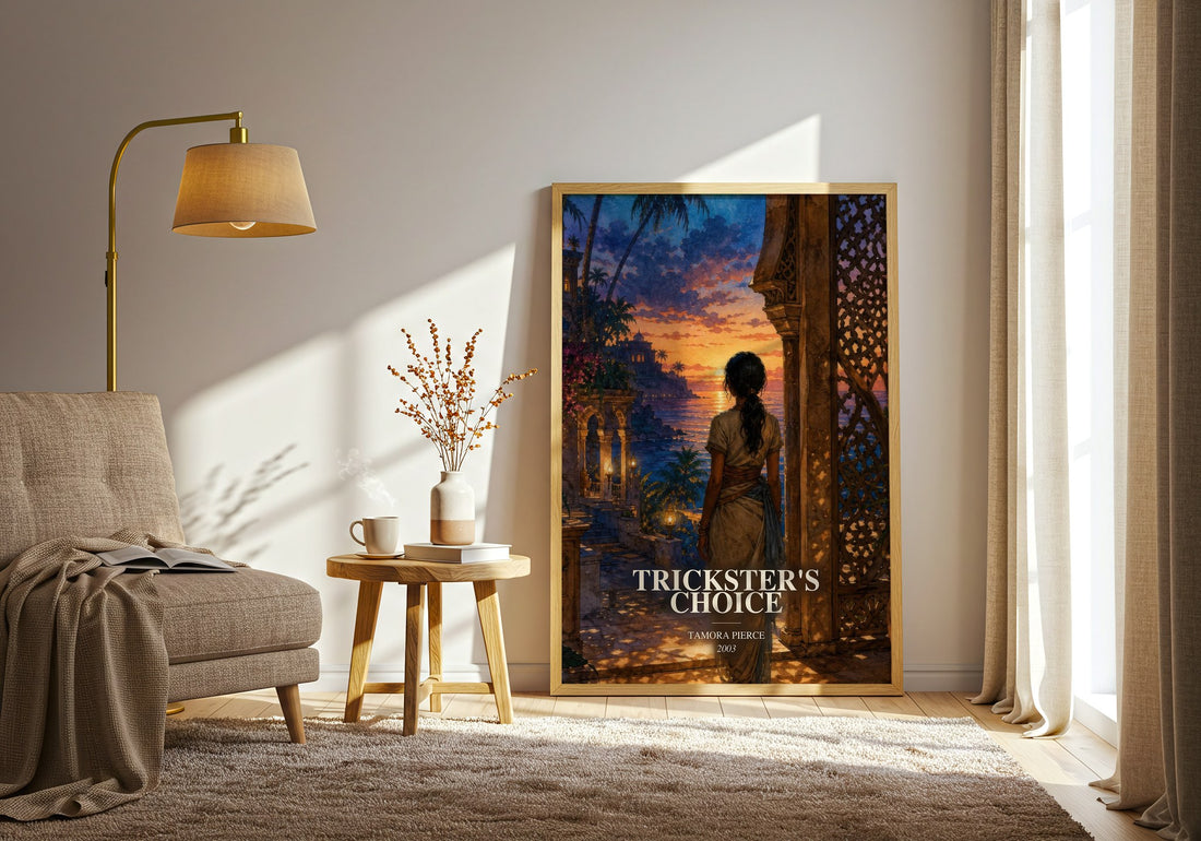 Trickster's Choice watercolour print in frame leaning in hallway – fantasy wall art (mockup)