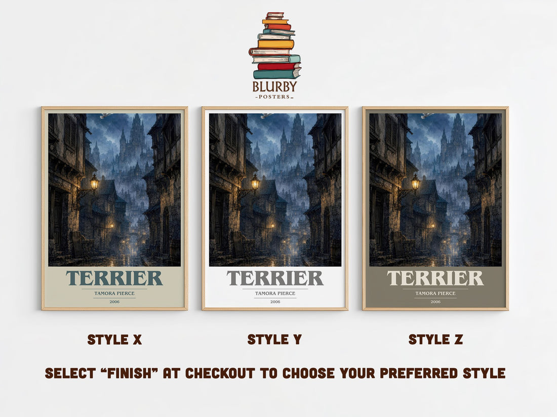Terrier book cover print in frame leaning in hallway – fantasy wall art (mockup)