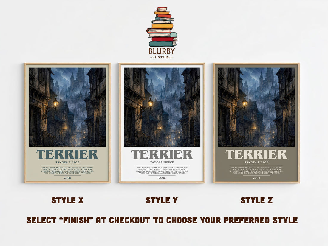 Terrier bookish print in frame leaning in hallway – fantasy wall art (mockup)