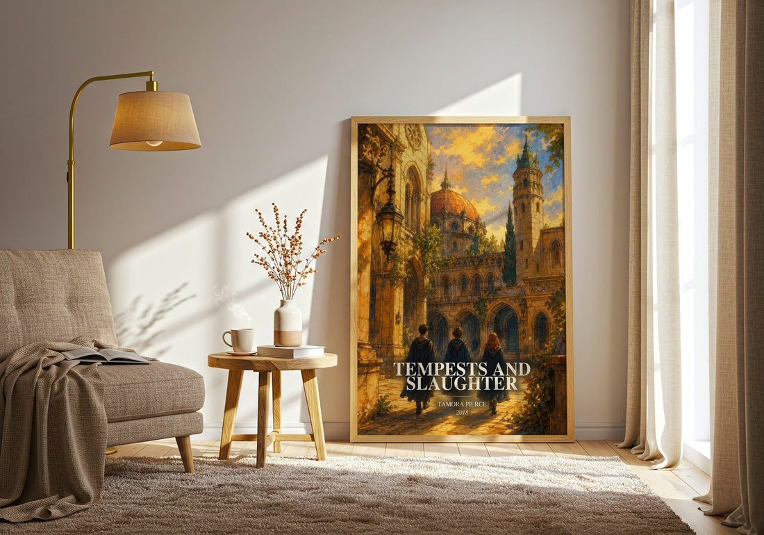 Tempests and Slaughter watercolour print in frame leaning in hallway – young adult wall art (mockup)