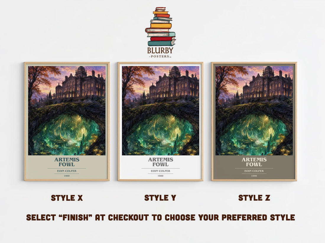 Artemis Fowl book cover print in frame leaning in hallway – fantasy wall art (mockup)
