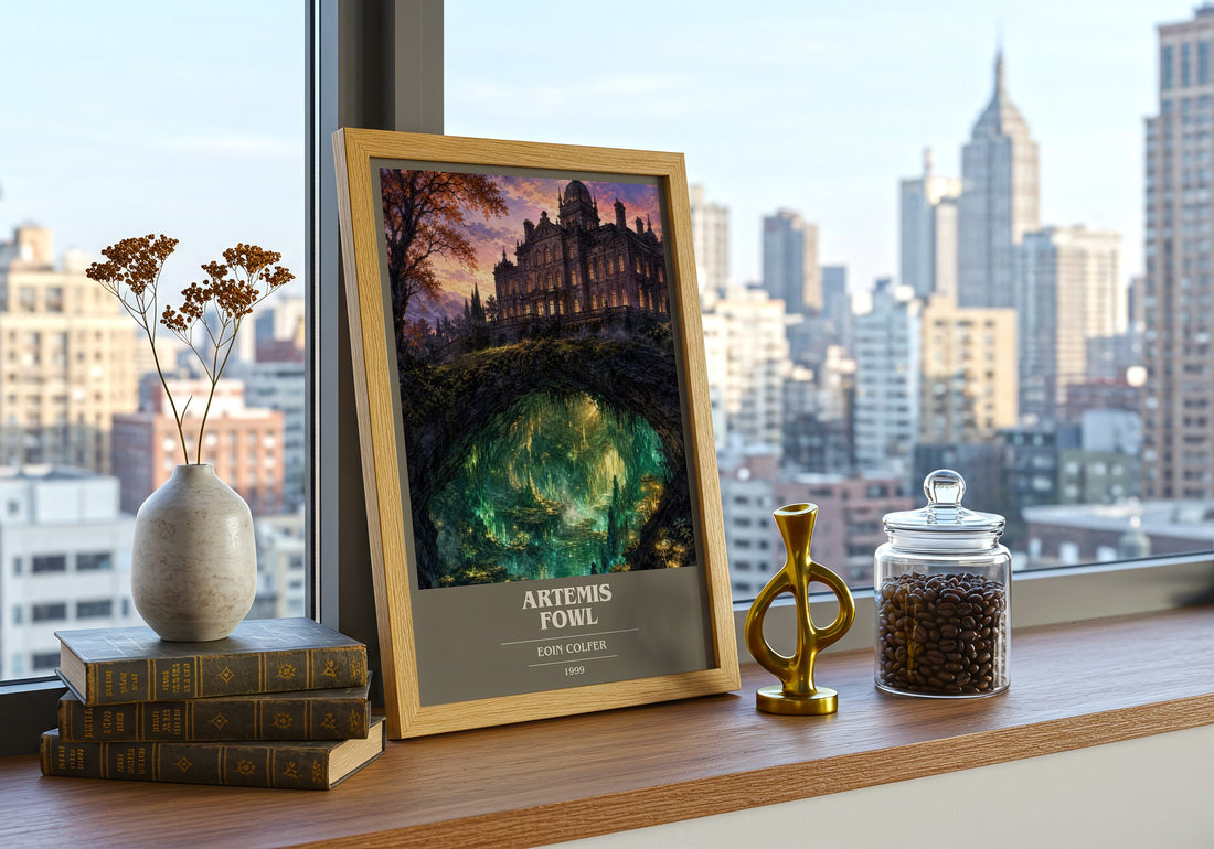 Artemis Fowl book cover print framed by window – literary home decor