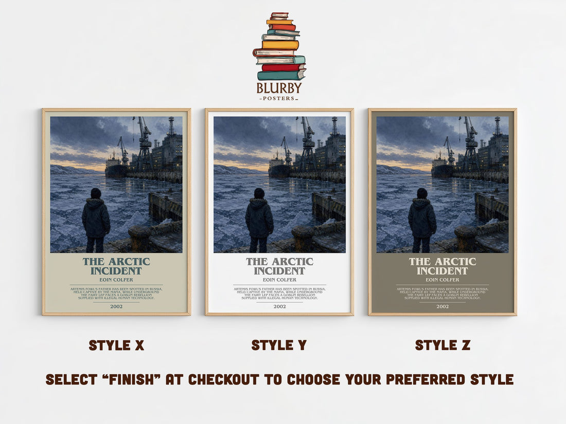 The Arctic Incident bookish print in frame leaning in hallway – fantasy wall art (mockup)