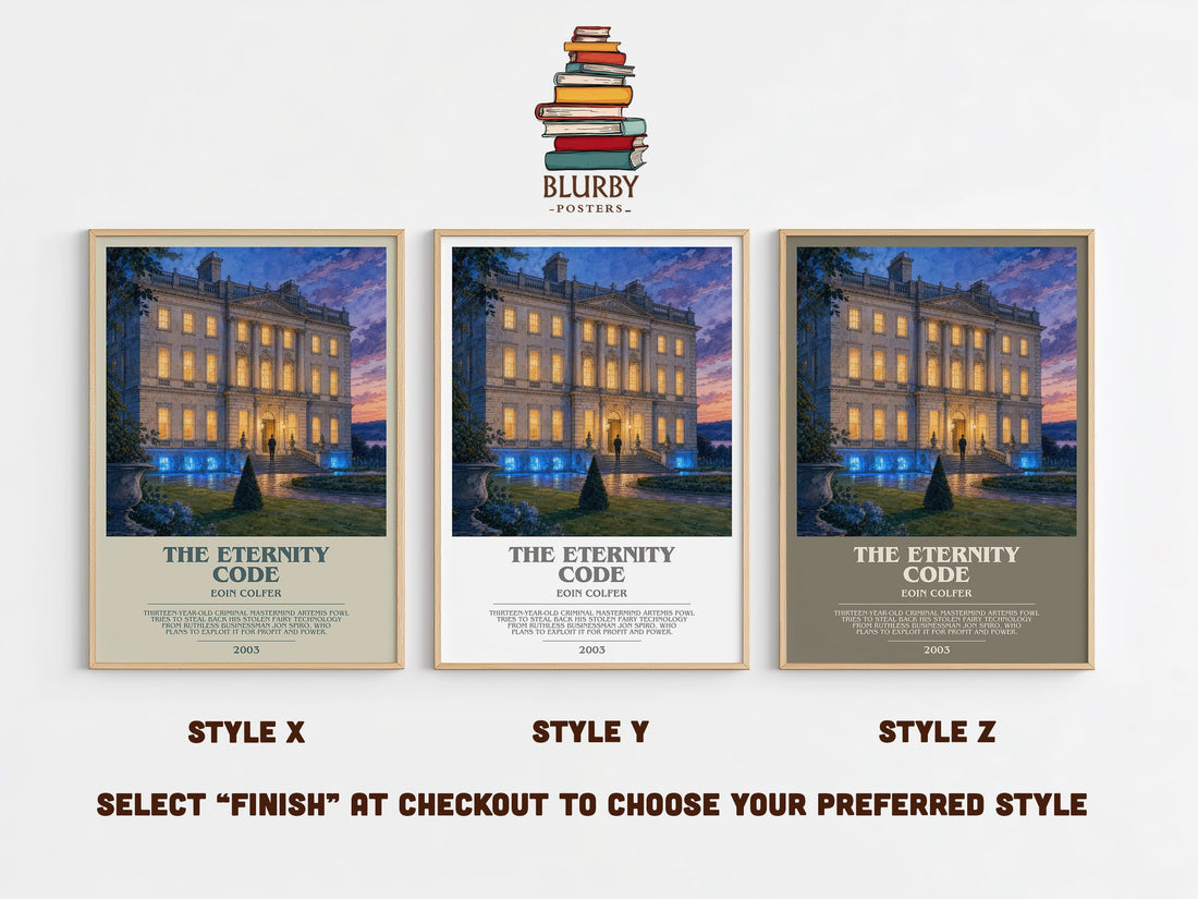 The Eternity Code bookish print in frame leaning in hallway – sci fi wall art (mockup)